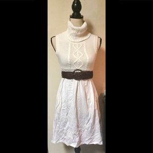 Beige Off White Cream Knit Dress: Empire Waist, Sleeveless, Turtleneck, Sz. S